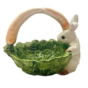 Vintage Ominibus JAPAN Ceramic Bunny Carrot Handle with Green Leaf Basket